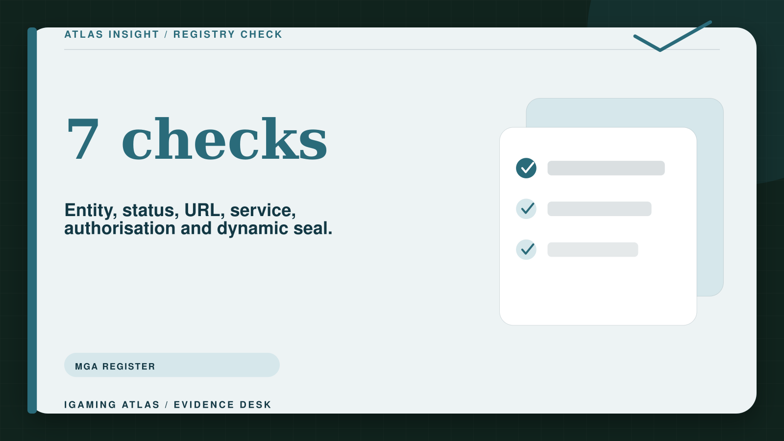 Malta MGA licence checker: verify a licensee, URL and status. 7 checks: Entity, status, URL, service, authorisation and dynamic seal.